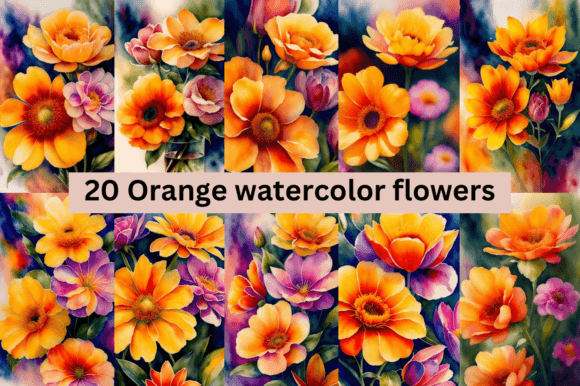 Download #3 Orange Watercolor Flowers Bundle - Bundle Collection
