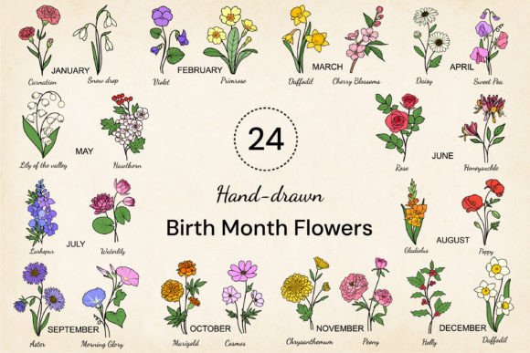 Download 24 Hand-drawn Birth Month Flowers Bundle - Bundle Collection