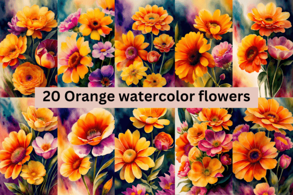Download #4 Orange Watercolor Flowers Bundle - Bundle Collection